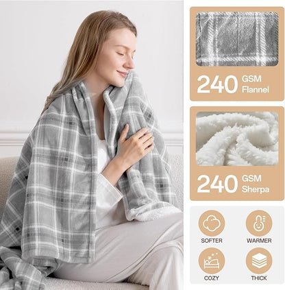 Heated Blanket Full Size, Electric Blanket 72"x84" for Bed with 8 Fast Heating Levels & 10 Hours Auto Shut-Off, Grey Plaid Warm Soft Flannel Blanket Gift for Women Grandma Machine Washable