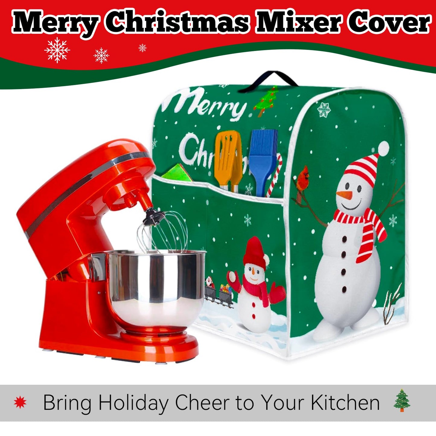 FBBP Christmas Stand Mixer Cover - Compatible with 6-8 Quart for Kitchen Appliance - Santa Claus and Snowman Dust Cover with Pockets for Accessories Xmas Home Kitchen Decor