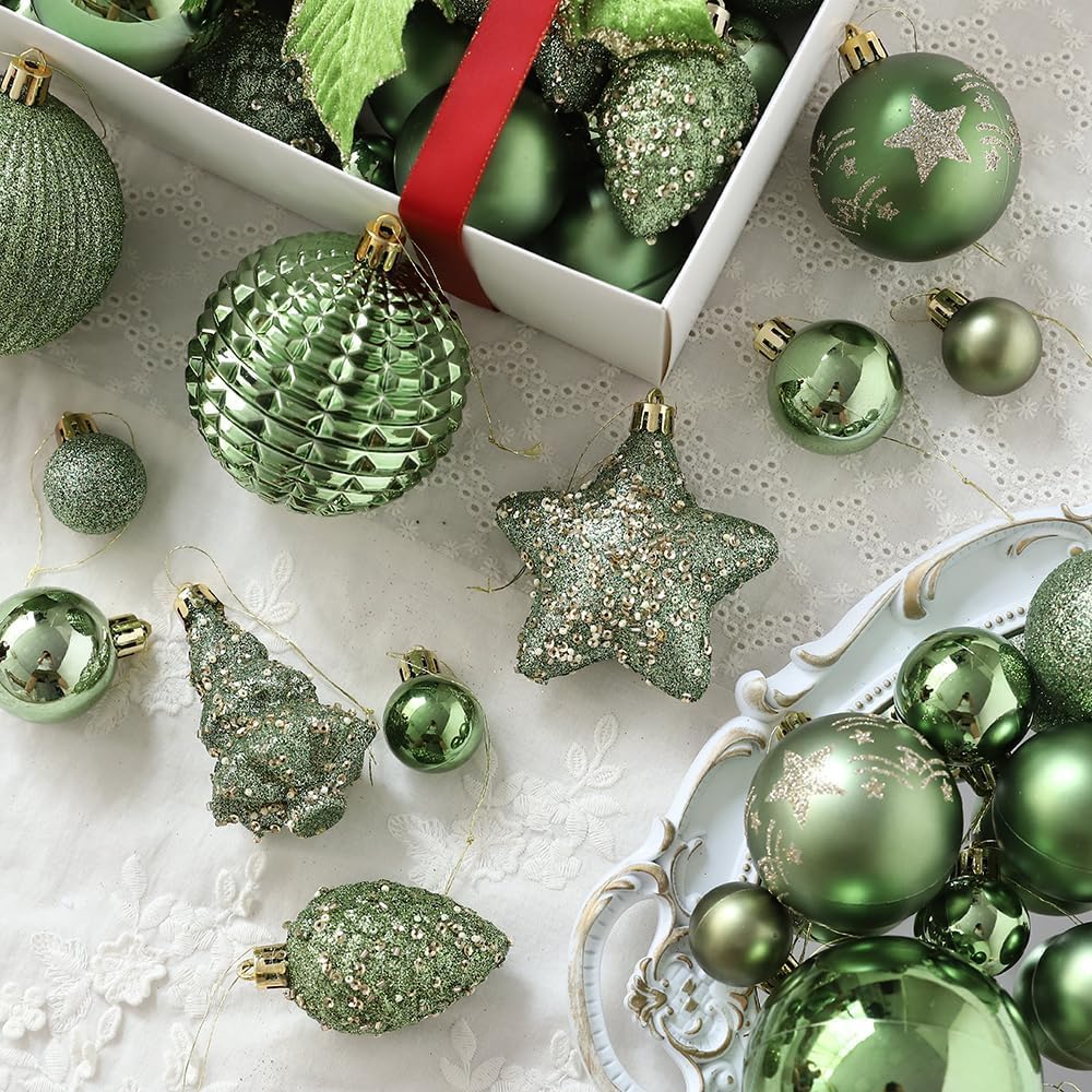 Christmas Ornaments Set, 48ct Green Shatterproof Christmas Tree Decorations Ball Large Glitter Christmas Flowers Hanging Ornament，for Xmas Trees Decor Indoor Home Holiday Party