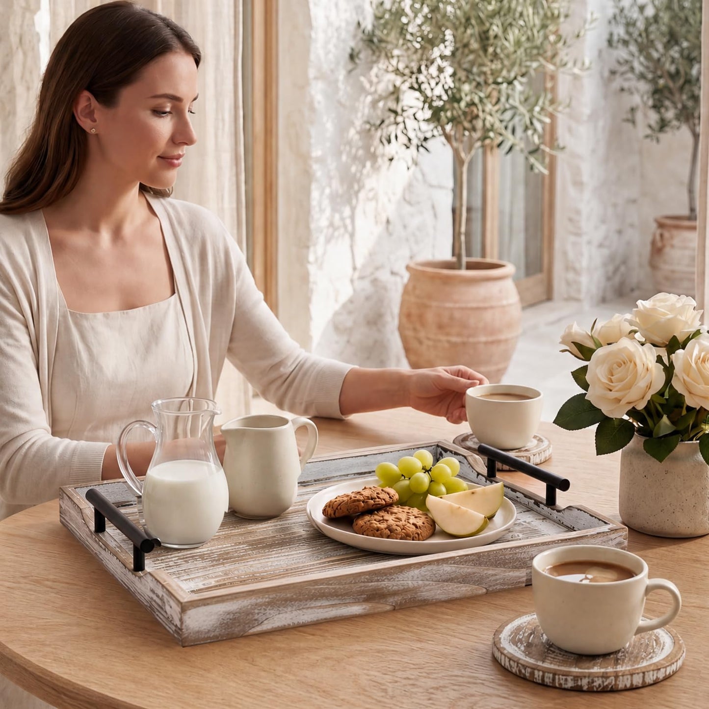 ComfyTune Wood Serving Tray with Metal Handles, 17x13in Large Wooden Tray for Ottoman, Coffee Table, Breakfast, Dinner & Bar, Decorative Tray for Living Room, Bedroom, Bathroom and Kitchen, Brown
