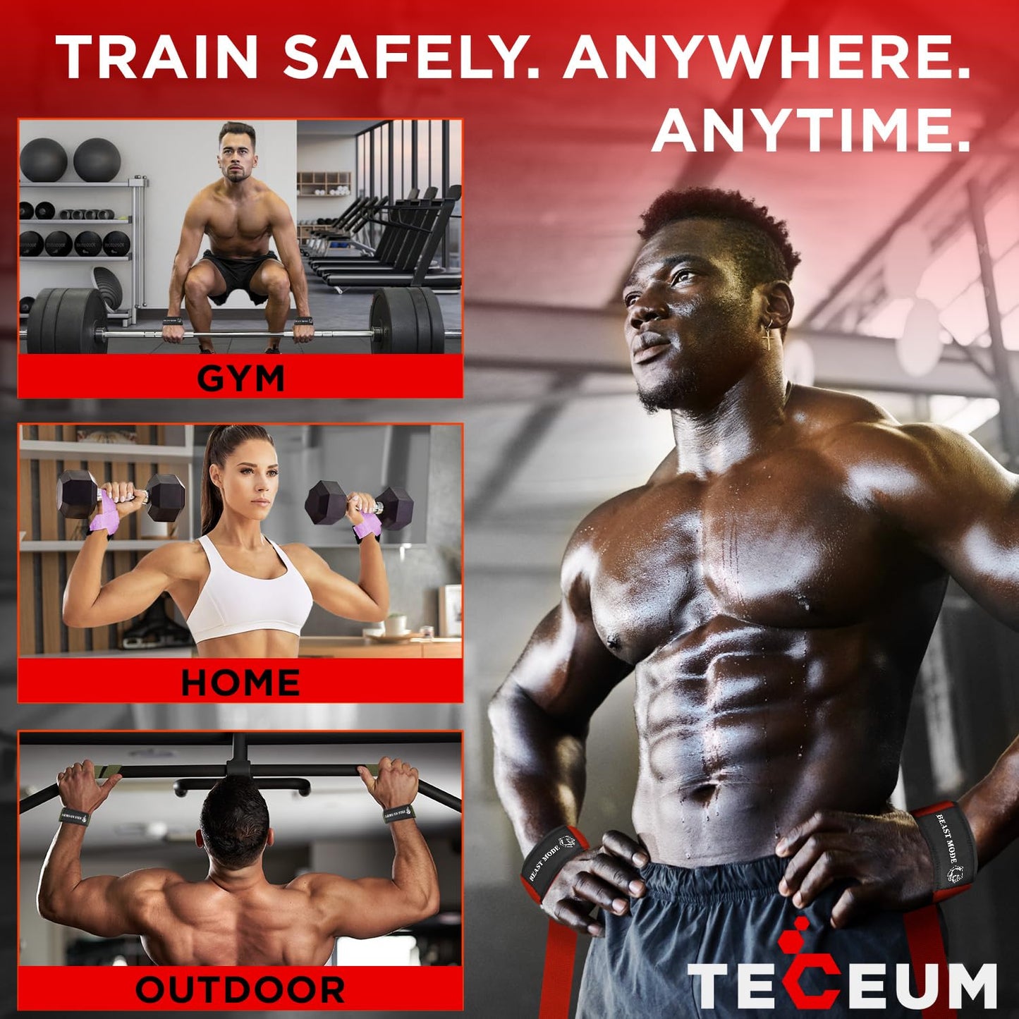 TECEUM Fit Lifting Wrist Straps with Neoprene Padding Support – Black – Beast Mode – Heavy Duty Wrist Workout Straps For Men and Women – Ideal for Powerlifting, Strength Training, Bodybuilding