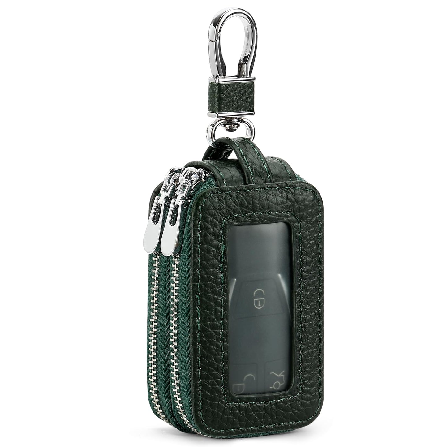 SENDEFN Car Key Fob Case Double Zipper Leather Smart Remote Keychain Protector Holder with Transparent Window