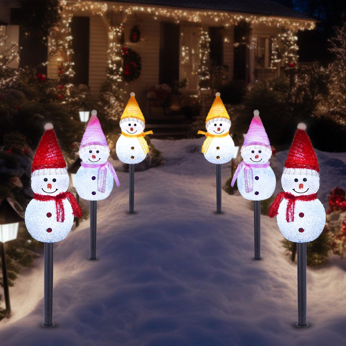 TAILERRI Solar Christmas Pathway Lights Outdoor Decorations, Set of 3 LED Snowman Stake Lights, Waterproof Walkway Landscape Light for Yard, Garden, Winter Decor (Red/Pink/Yellow Snowman, 3-Pack)