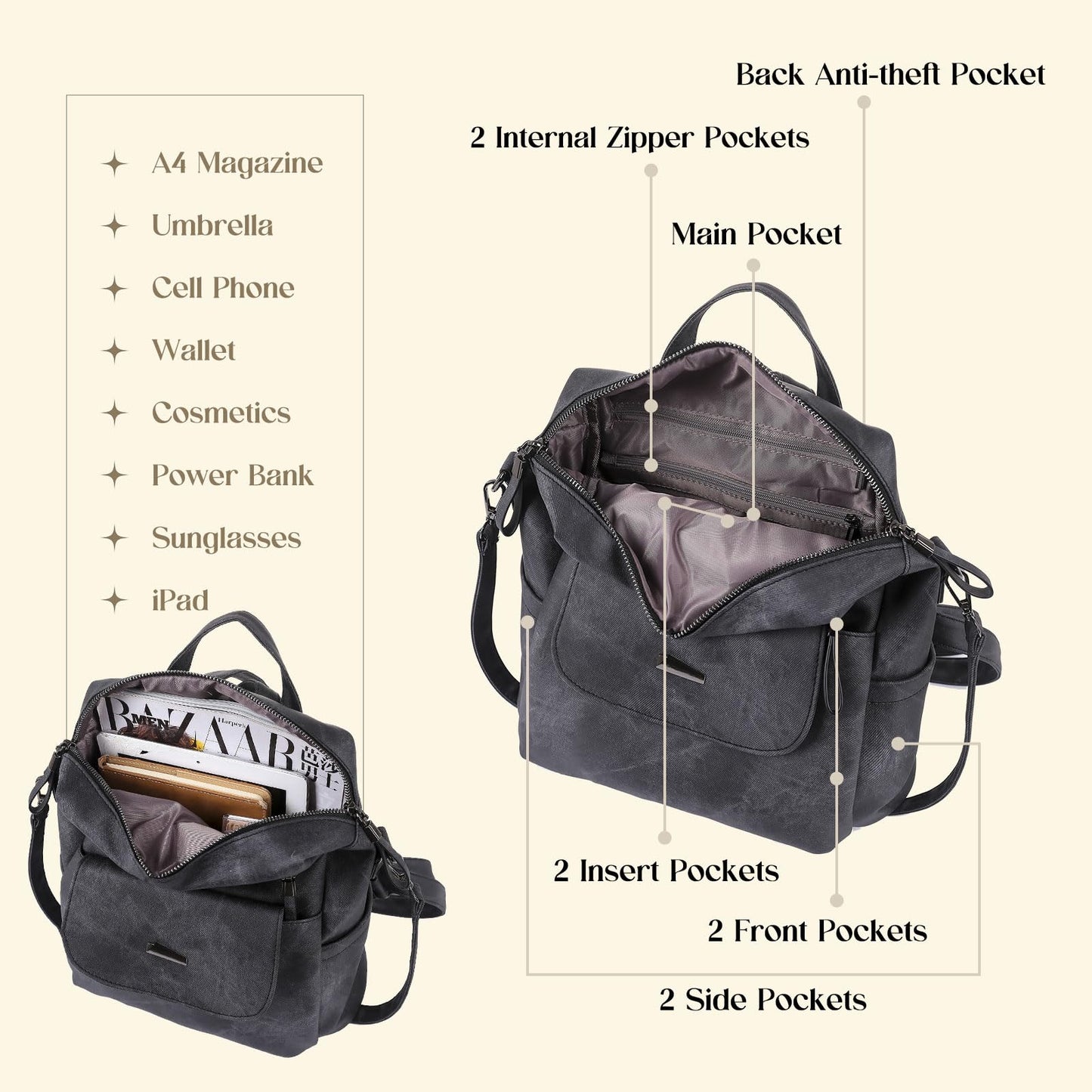 ROOSALANCE Backpack Purse for Women, Women Backpack Purse Small Leather Waterproof Anti-theft Shoulder Bags Handbags, Fashion Ladies Back pack for Daily Travel Work (Black Grey)
