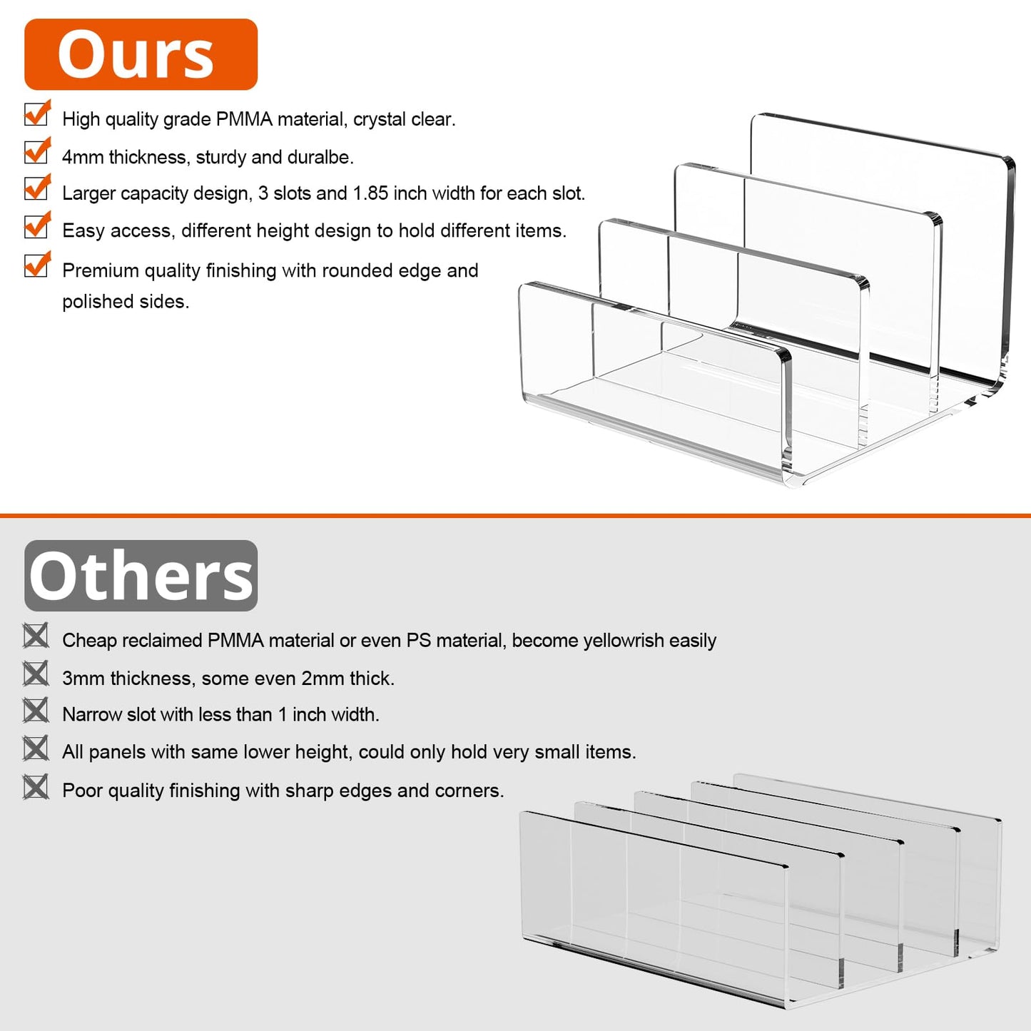 Richboom Acrylic File Sorter, 8.5"x6.3"x6.2", Upright File Organizer for Desk, Mail Organizer Countertop, File Holder for Letter, Document, Notebook, Clear, 3 Sections