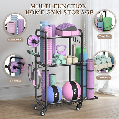 Multi-Functional Home Gym Storage Rack - Yoga Mat Storage Rack, Dumbbell Weight Rack & Workout Equipment Storage with Heavy-Duty Steel Construction for Gym Fitness Organizer (Black)