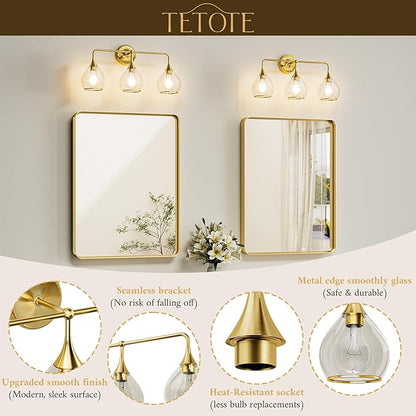 TETOTE 2-Light Modern Bathroom Light Fixtures, 2 Light Vanity Lights Over Mirror Gold Wall Lamp with Clear Glass for Bathroom, Mirror, Living Room, Bedroom, Hallway
