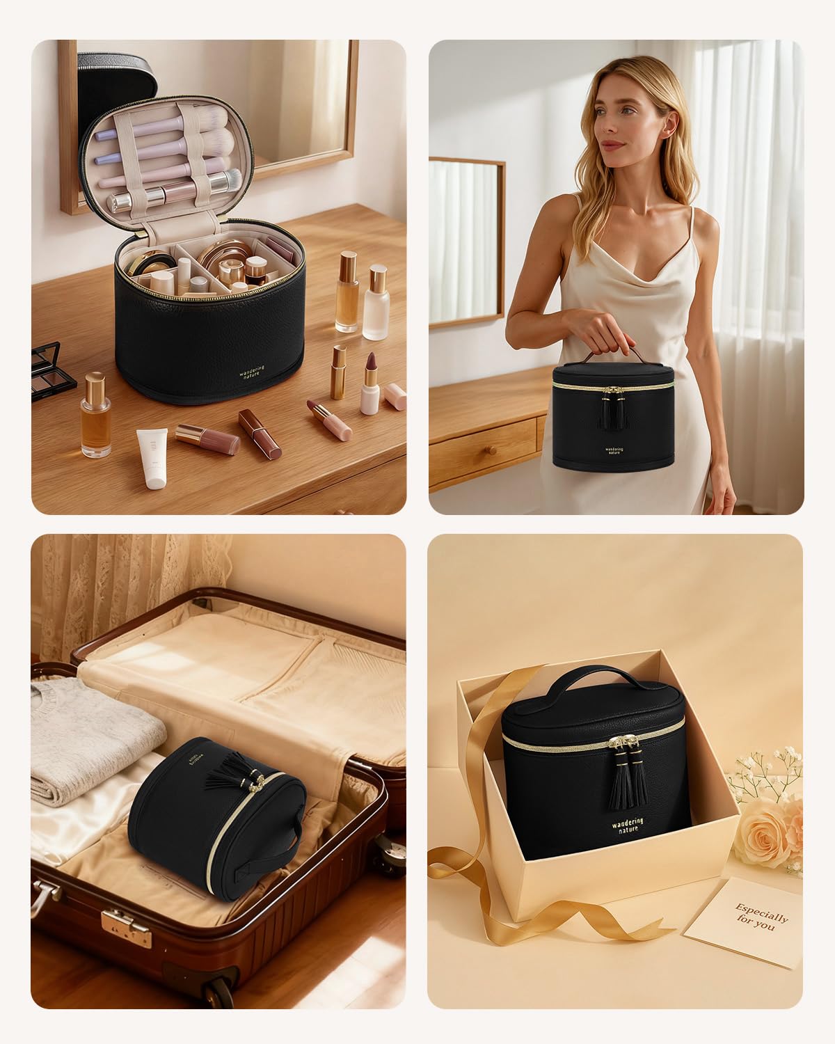 Wandering Nature Travel Makeup Bag for Women, Structured Vanity Case with Wipe-Clean EVA Interior & Removable Divider, Brush Loops, Fold-Flat PU Leather Makeup Case with Handle
