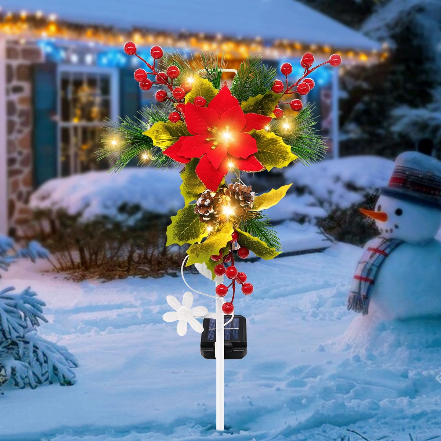 stadeco Solar Christmas Decorations Outdoor, 32 Inch Solar Christmas Cross Stake Lights, Waterproof Grave Decorations with Poinsettia Flower Pinecones Red Berries for Garden Yard Patio Lawn Cemetery