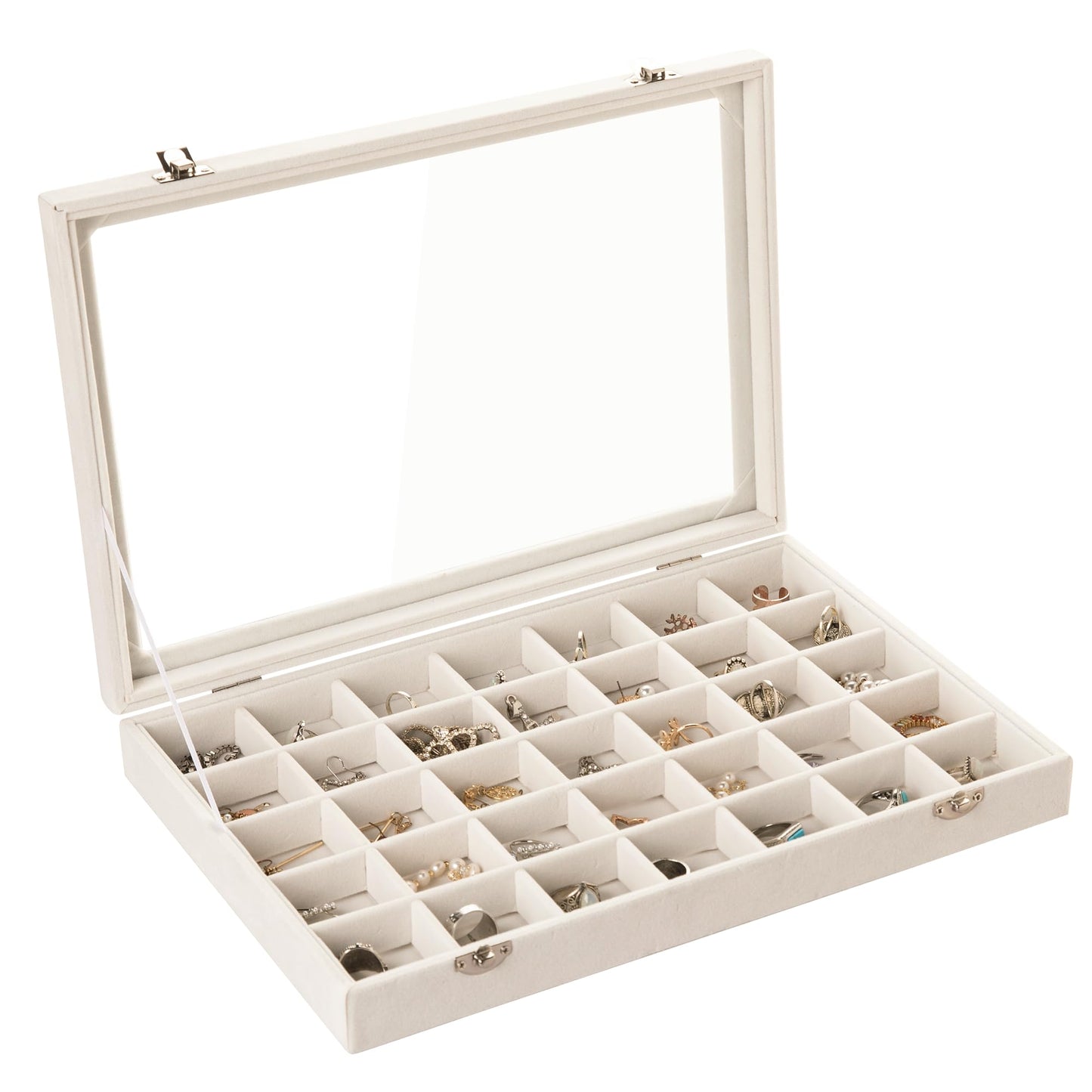 Frebeauty Velvet Jewelry Tray,35 Grid Jewelry Organizer with Clear Lid,Earring Holder Organizer Case with Clasp,Drawer Insert for Rings Studs,13.8 x 9.5 x 2 Inches,Gift for Women Girls(Beige)