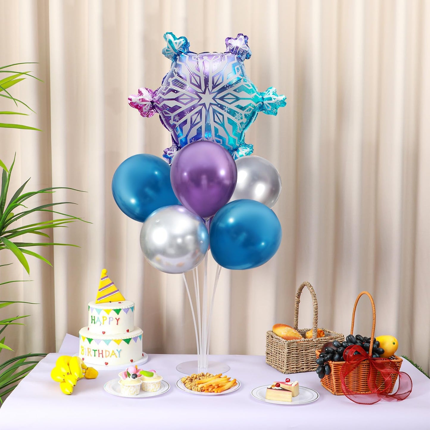 4 Sets Snow Party Balloons Stand Kit with Snowflake Foil Balloons Purple Blue Silver Party Balloon Centerpiece for Tables for Girl Princess Winter Wonderland Themed Birthday Baby Shower Decorations