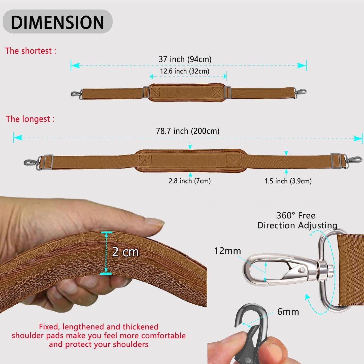 ZINZ 79 inch Shoulder Strap, Extra-thick Fixed Cushion Pad and Dual Clasps Universal Replacement Strap with Metal Swivel Hooks for Laptop Bags, Luggage Bags, Camera, Crossbody(Khaki)