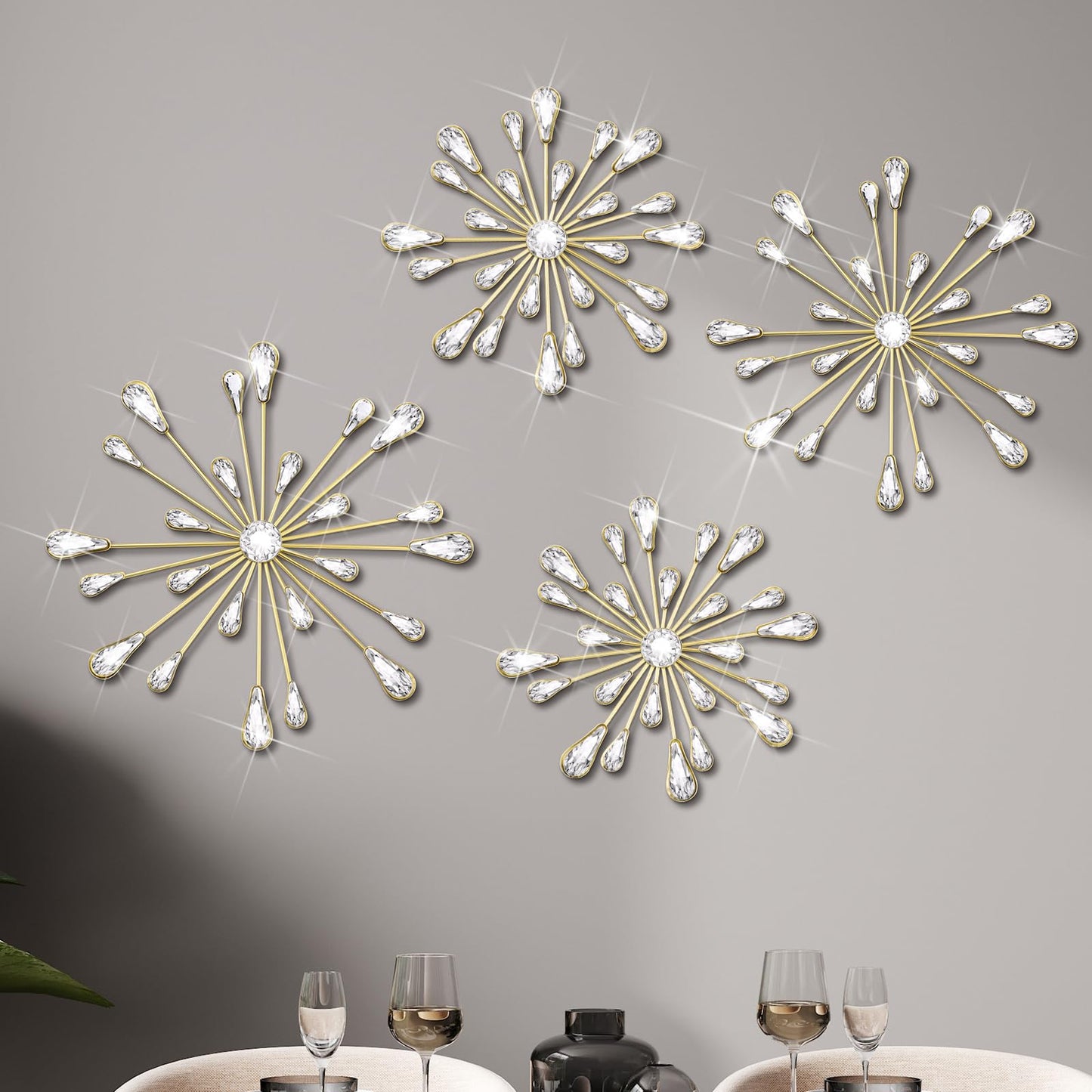 Hicarer 4 Pcs Starburst Wall Decor Bling Wall Art Crystal Teardrop 3D Hanging Rhinestone Radial Metal Artwork Modern Accent Sculptures Decorations for Living Room Home Office Bedroom(Gold)