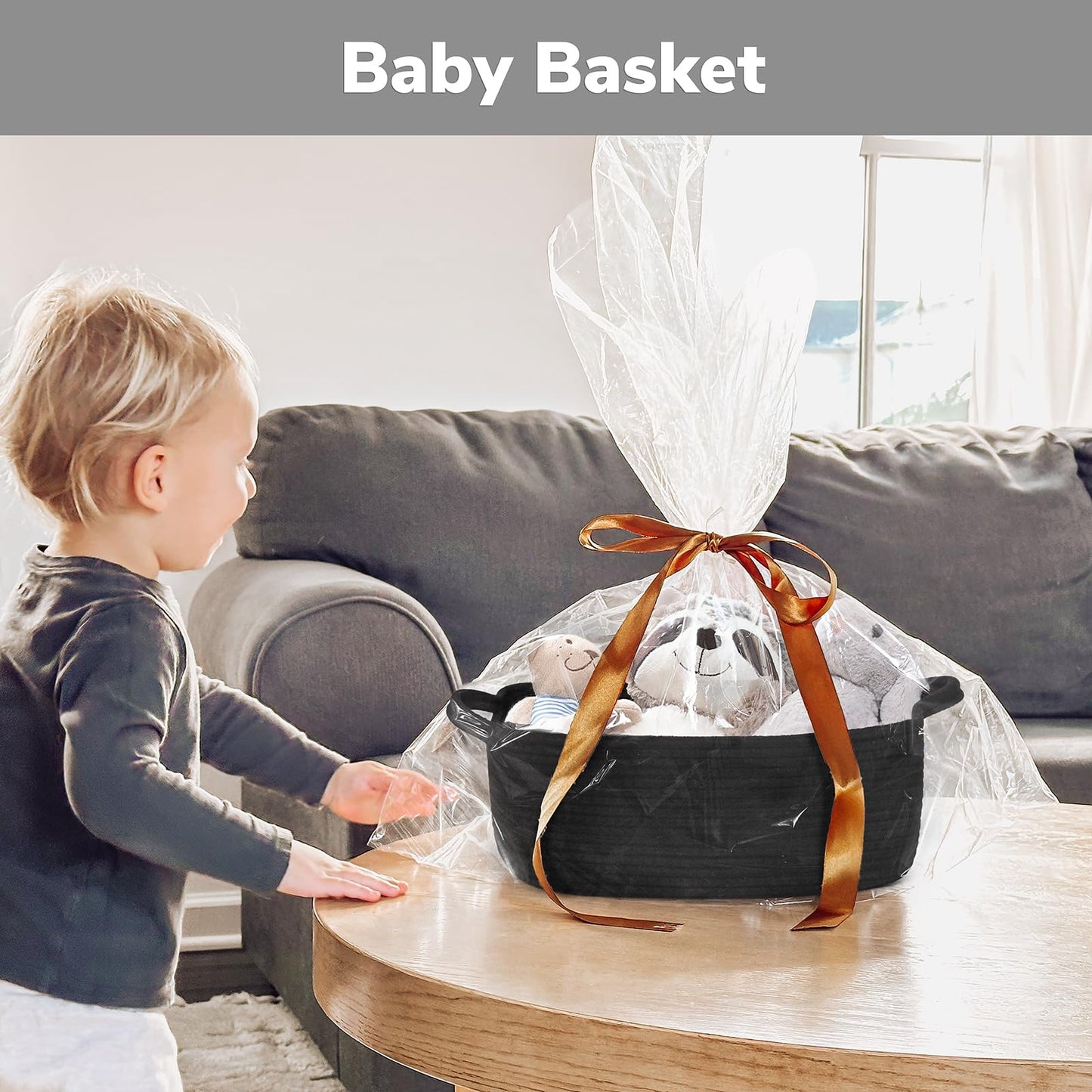 CHICVITA Storage Basket for Gifts, Cute Cotton Rope Baskets for Nursery, Small Gift Basket with Handles, Decorative Woven Baskets for Bathroom, 13 x 9.8 x 5 inches, Black