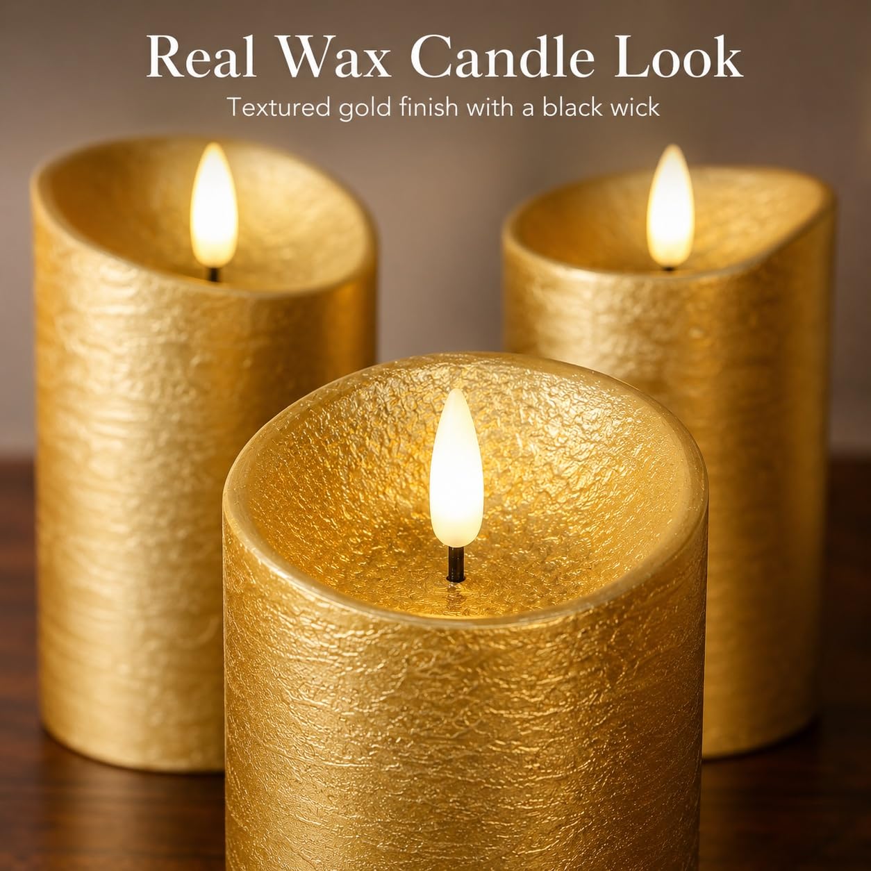 COVEGE Gold Flameless Candles with Remote, Flickering Real Wax Battery Operated Candles with Timer, Set of 3 LED Pillar Candlesfor Home Room Decor Christmas Decoration