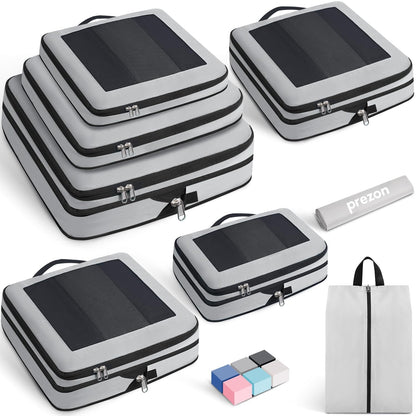 Prezon 8 Set/6 Set/4 Set Compression Packing Cubes for Travel, Lightweight Vacation Travel Essentials, Accessories for Suitcase Organizer Bags Set, Durable Luggage Organizer（8-Square-pewter）