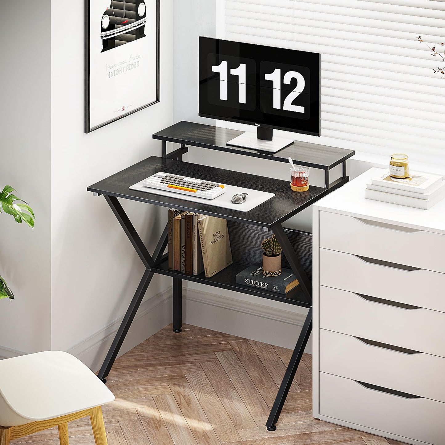 ODK Small Desk, 27.5 Inch Computer Desk for Small Spaces, Study Desk with Storage & Monitor Stand, Black