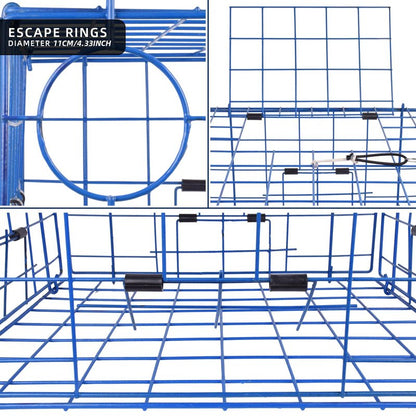 A1FISHER 2 Packs Pacific Folding Crab Trap 24''x24''x12'' Kit, with Crab Bait Cage, Gauge Measure, Trap Harness, 5/16" Dia-100’ Leaded Core Rope with 12.8’’x5.5’’ Red/White Float Buoy for Dungeness