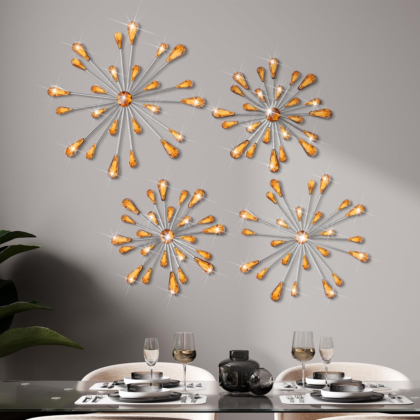 Hicarer 4 Pcs Starburst Wall Decor Bling Wall Art Crystal Teardrop 3D Hanging Rhinestone Radial Metal Artwork Modern Accent Sculptures Decorations for Living Room Home Office Bedroom(Amber)