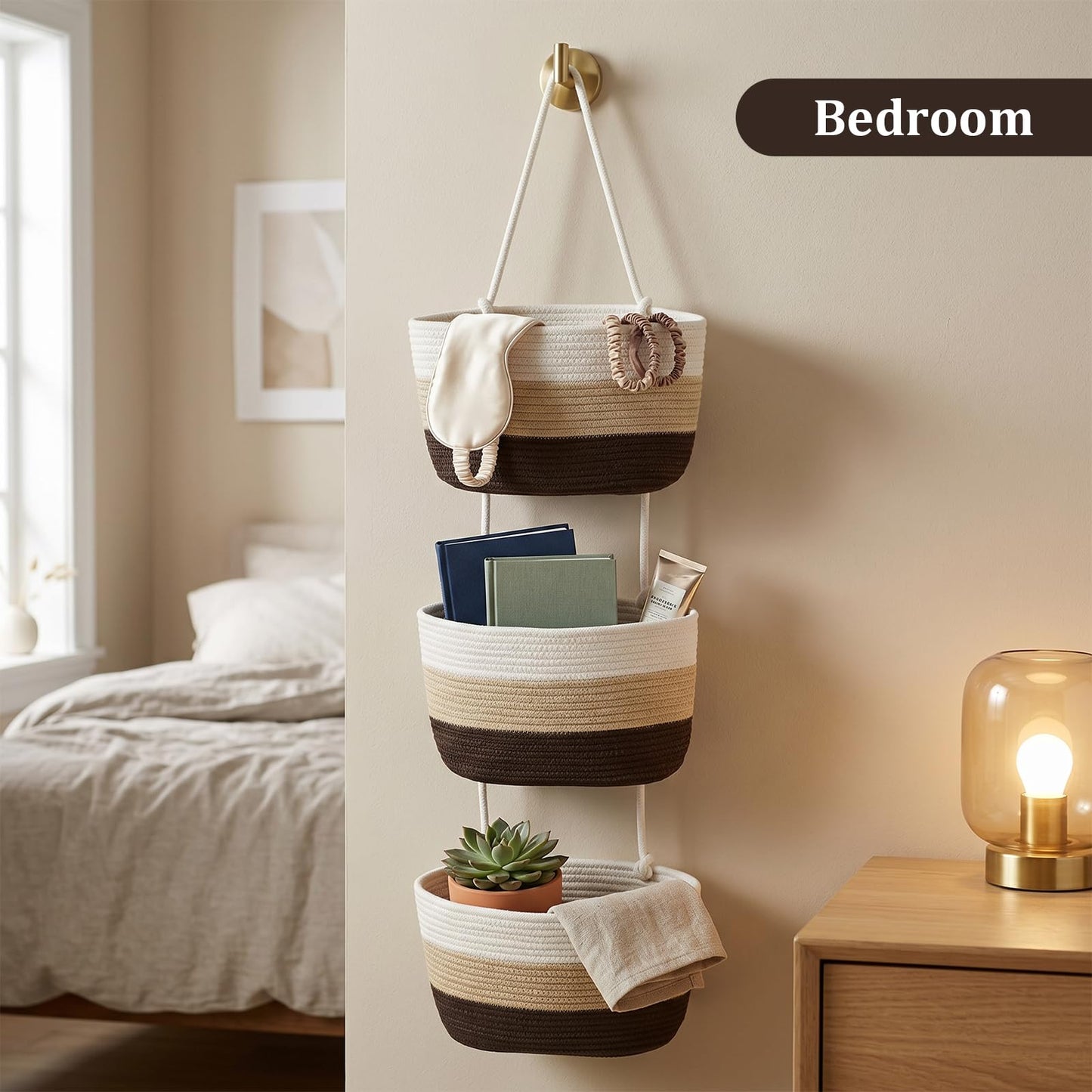 TeoKJ Over the Door Hanging Basket, 3-Tier Woven Cotton Wall-Mounted Storage Organizer Bag Decorative Hanging Nursery Baskets，Gradient Brown