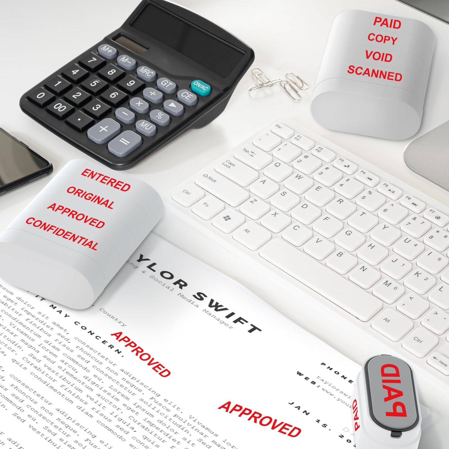 8-in-1 Office Stamps - Self-Inking Office Stamp Set for Paid, Copy, Void, Scanned, Entered, Original, Approved, and Confidential Stamps for Office Message Supplies - Red Ink (Office Stamps)