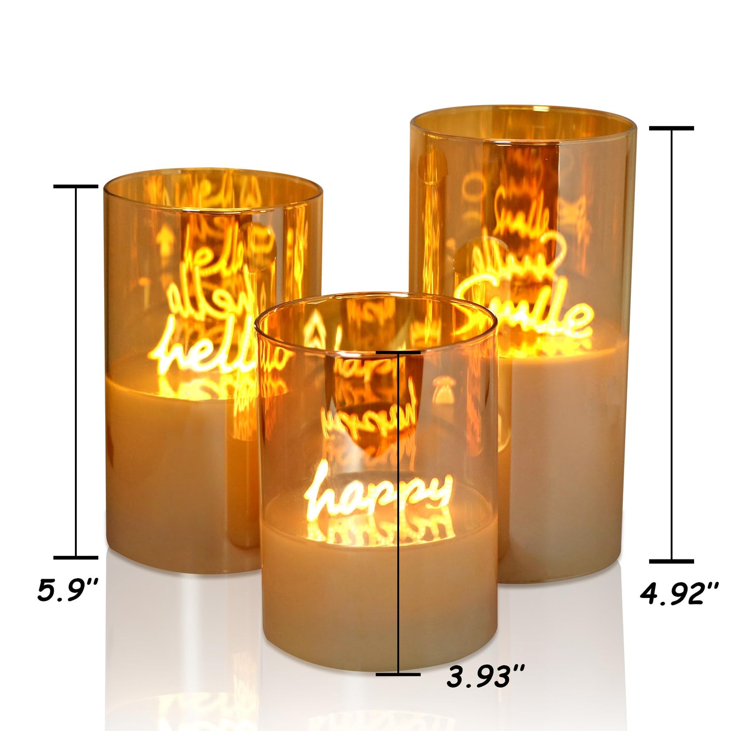 EXORUN Gold Glass Flameless Pillar Candles,LED Fake Candles Battery Operated Set of 3(Hello Happy and Smile)