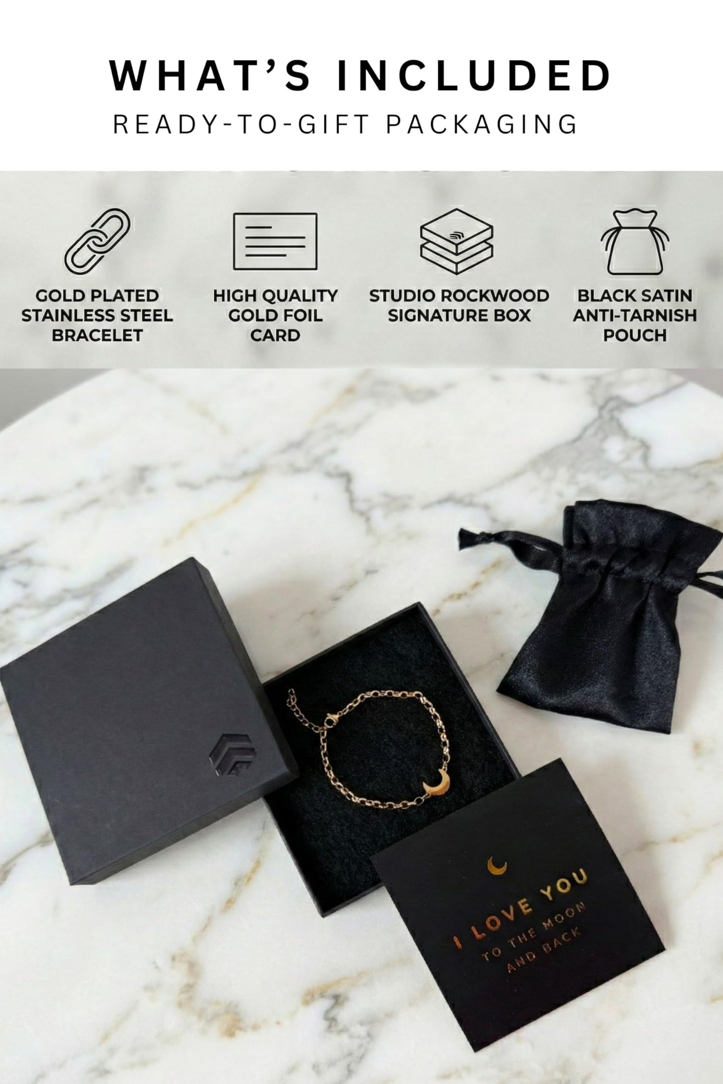 Studio Rockwood Gold Moon Bracelet for Daughter - I Love You Gift Box with Card - Hypoallergenic Stainless Steel - Birthday, Graduation, Valentine's Day, Mother's Day, Minimalist