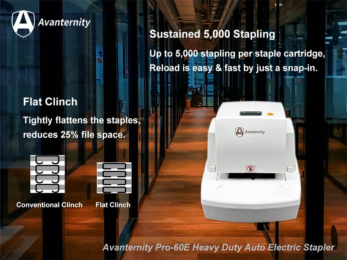 Avanternity's Pro-60E Heavy Duty Auto Electric Stapler (Value Kit + Extra 1 Staple Cartridge Pack) - Secured 60 Sheet Capacity, Includes 35,000 Staples
