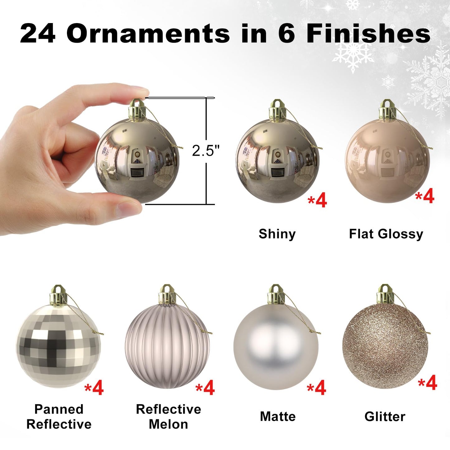 Champagne Gold 2.5" Christmas Balls Christmas Tree Decoration Ornaments Shatterproof Hanging Balls for Birthday Halloween Holiday Wedding Decorations Set of 24pcs