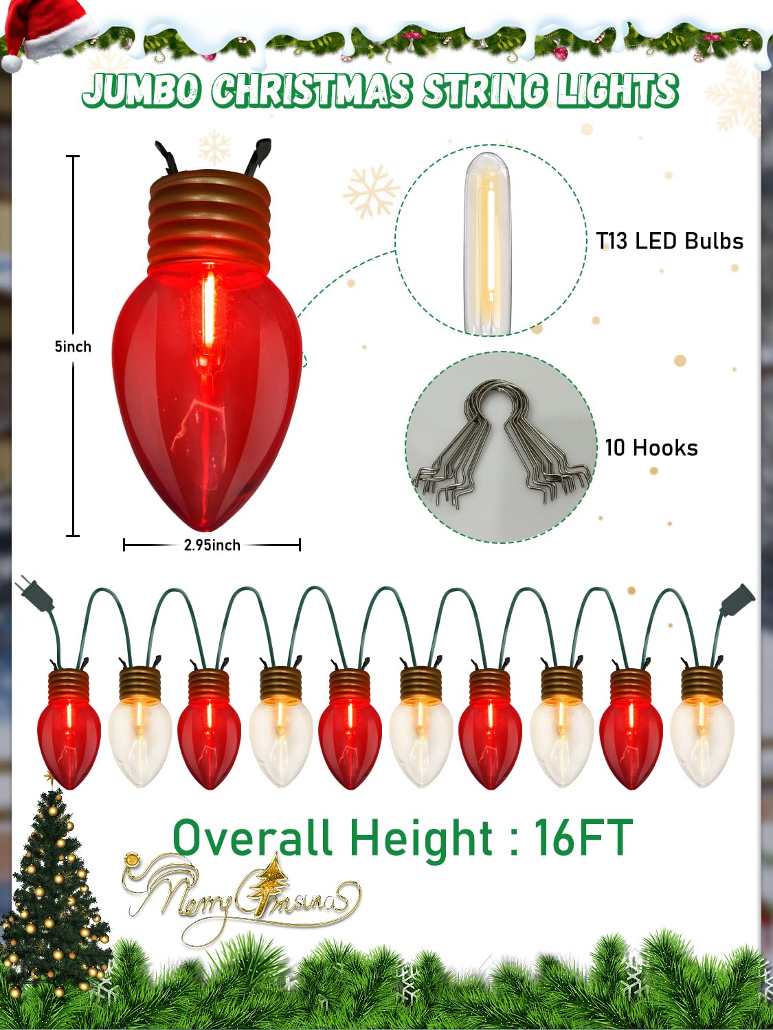 SUNSGNE Jumbo Christmas Lights Outdoor, 16FT Red and White Christmas Lights with 10 Count 5'' Clear Glossy LED Bulbs for Home Tree Roof Yard Garden Patio Balcony Decorations