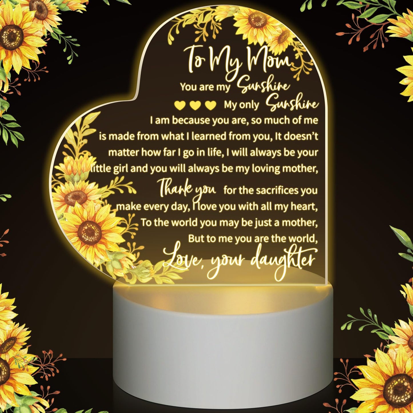 Jetec Mothers Day Birthday Gifts from Daughter Son Christmas Thank You Gift for Mom Sunflower Engraved Acrylic Heart Lamps USB Low Power Night Light Table Decor(to My Mom)