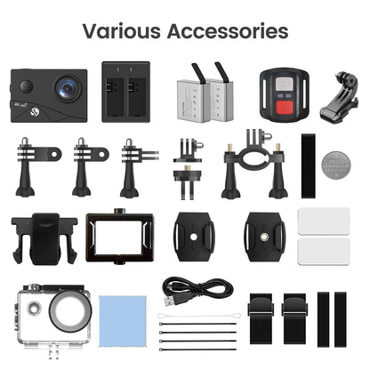 HLS Waterproof Action Camera 4K Stabilization with 2 Batteries 1350mAh for Video,4K WiFi Remote Underwater Cameras with Wide Angle Lens HD,Sports Action Video Cameras with Accessories Mount Kit