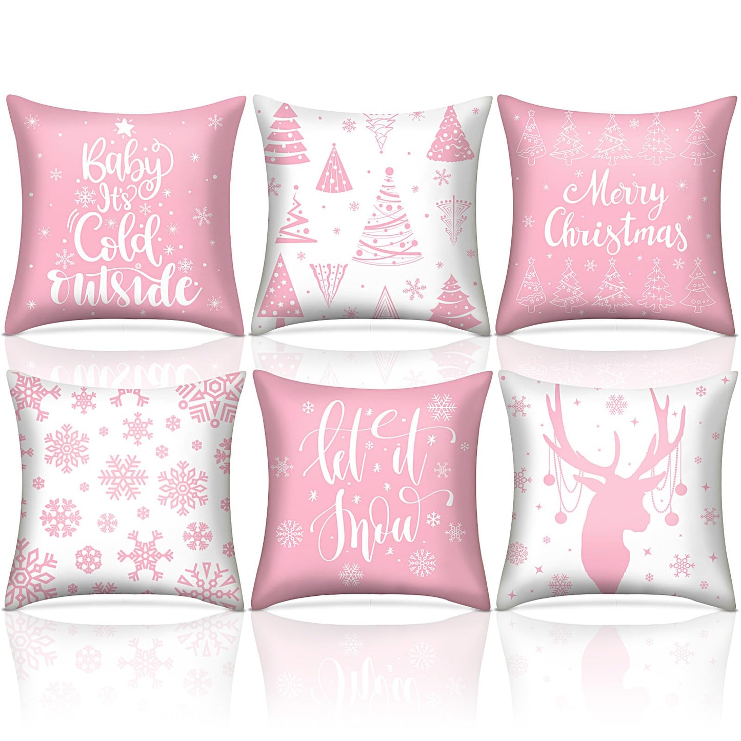VitalCozy 6 Pcs 18 x 18 inch Christmas Throw Pillow Covers Xmas Cushion Covers Pillow Cases Snowflake Winter Throw Pillow Covers Christmas Decor for Bedroom Sofa Couch Cushion Square Home (Pink)