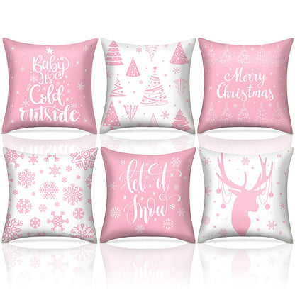 VitalCozy 6 Pcs 18 x 18 inch Christmas Throw Pillow Covers Xmas Cushion Covers Pillow Cases Snowflake Winter Throw Pillow Covers Christmas Decor for Bedroom Sofa Couch Cushion Square Home (Pink)