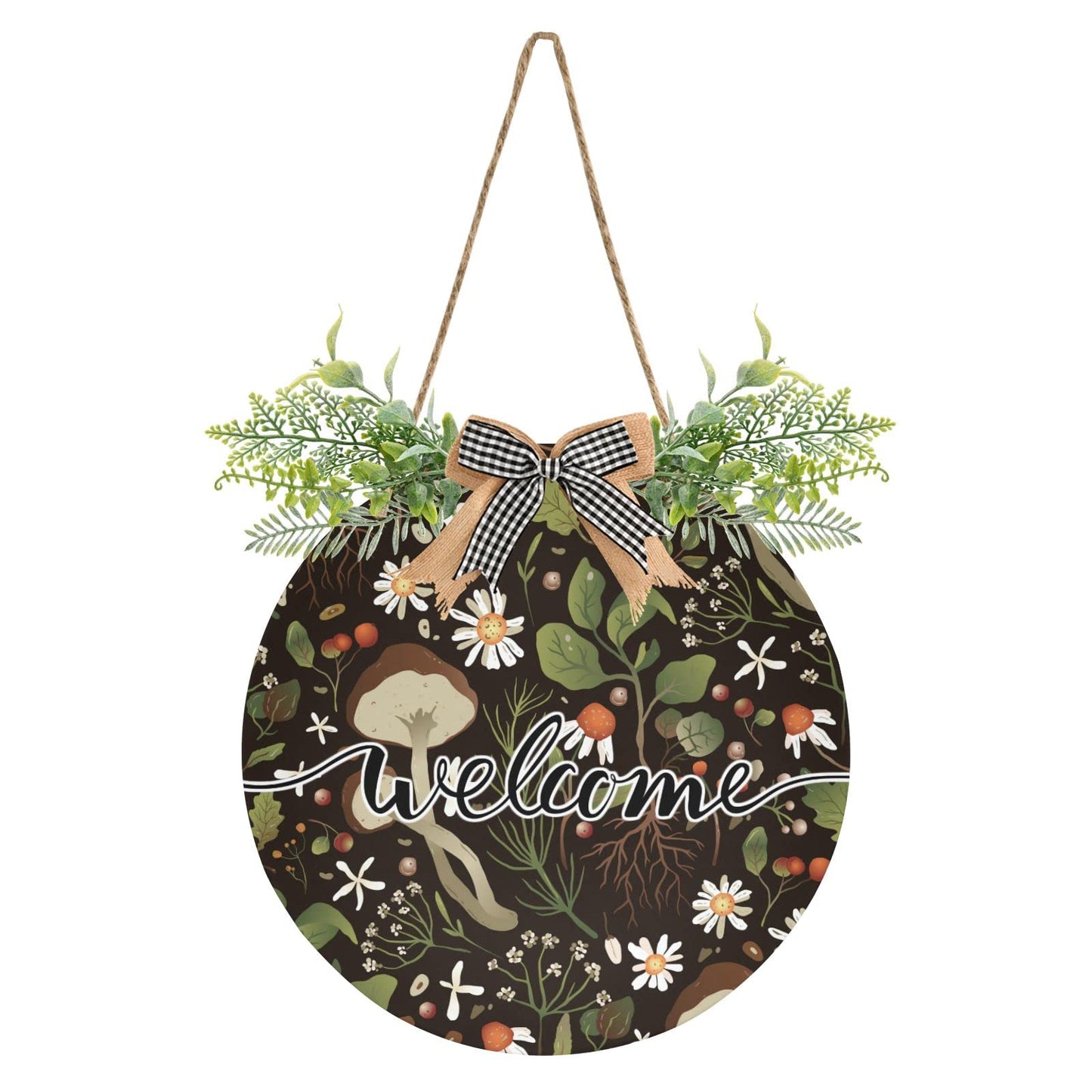Mushroom Daisy Welcome Sign Farmhouse Front Porch Decor Door Hanging Welcome Wreath for Holiday Wall Home Decoration 12 X 12 in