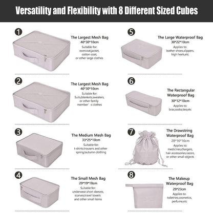 Packing Cubes 8 Sets Travel Luggage Organizers Include Waterproof Shoe Storage Bag Convenient Packing Pouches for Traveller (Grey)
