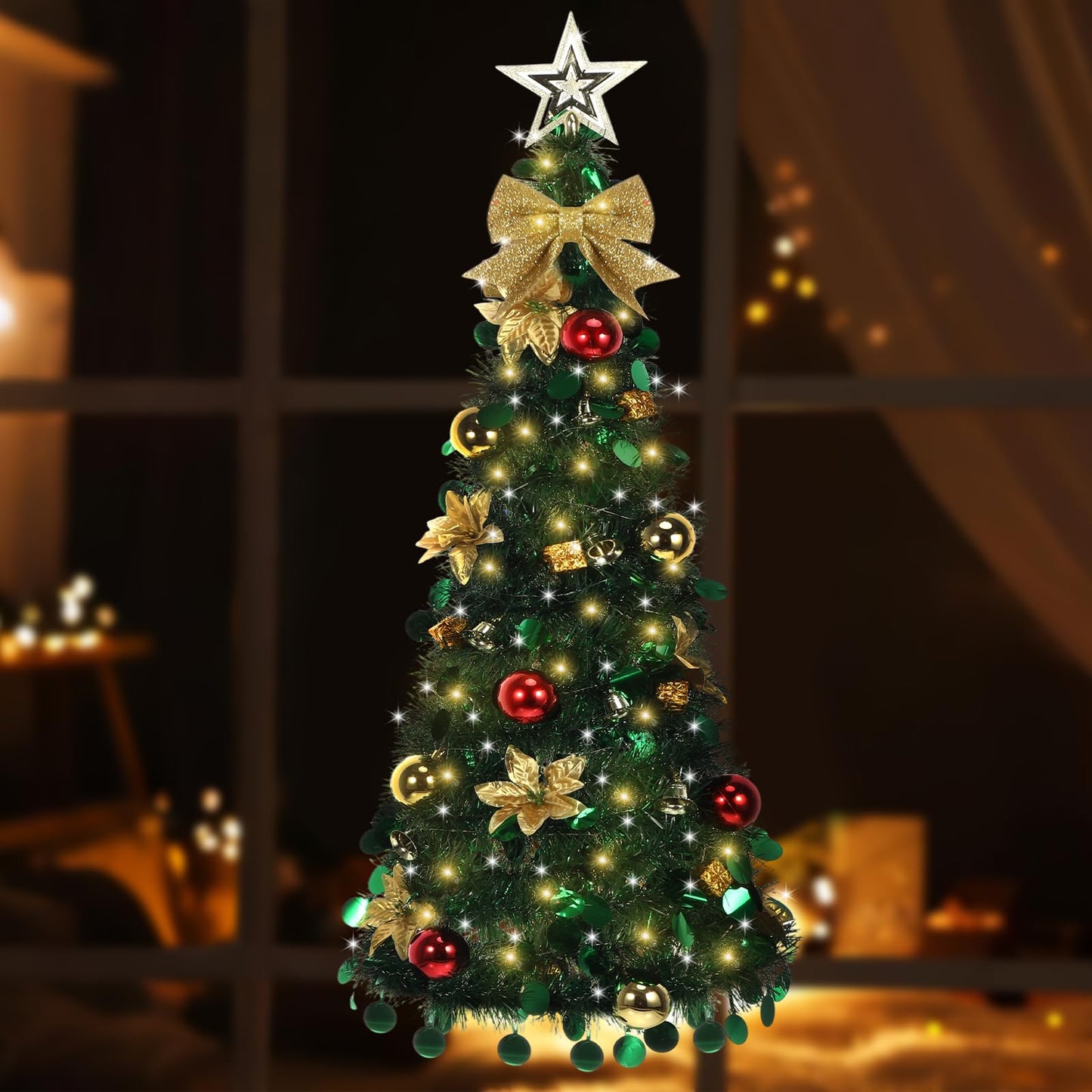 Suncalla Wall Christmas Tree with Lights 40inch, Artificial Wall Hanging Xmas Decoration with 50 LED String Lights, Saving-Space Door Hanging Xmas Tree Small Space Home School Office(Gold)