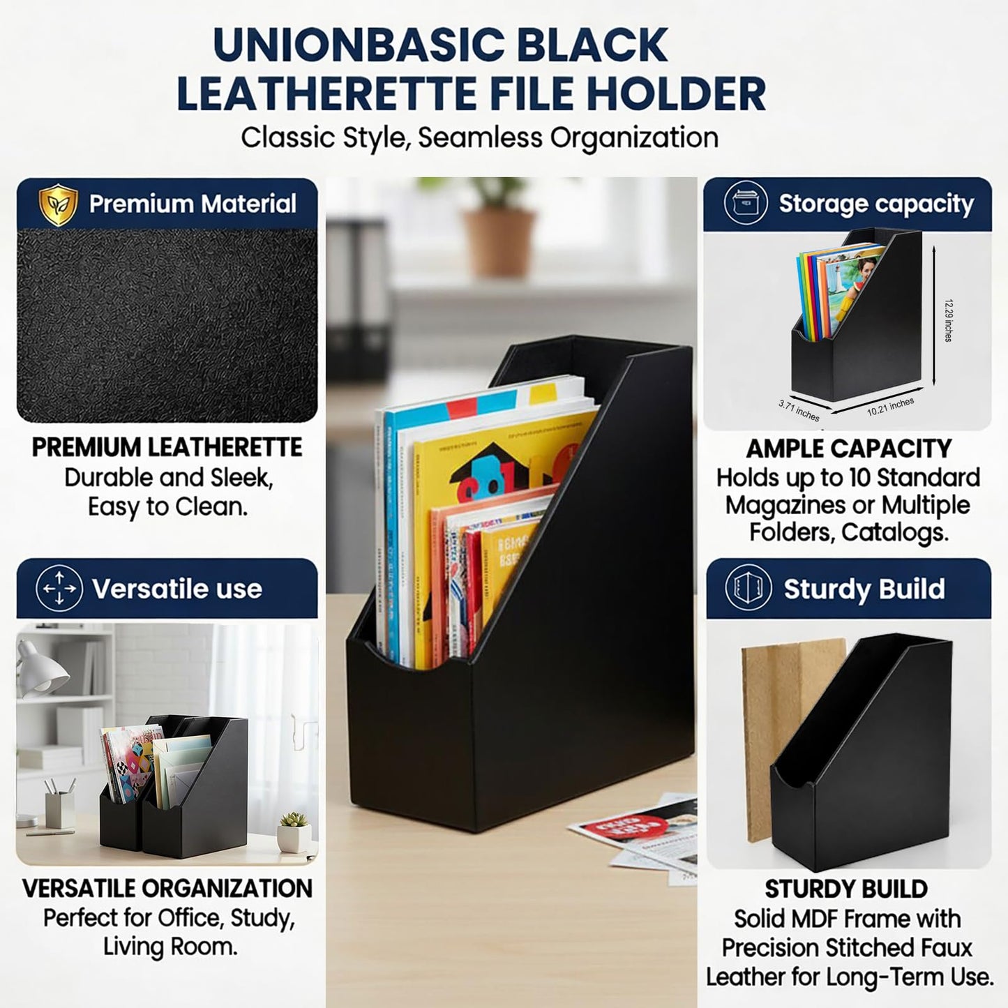 UnionBasic Magazine File Holder, Leatherette Desktop Document Organizer, Home Office Paper Holder File Storage Literature Sorter, Black