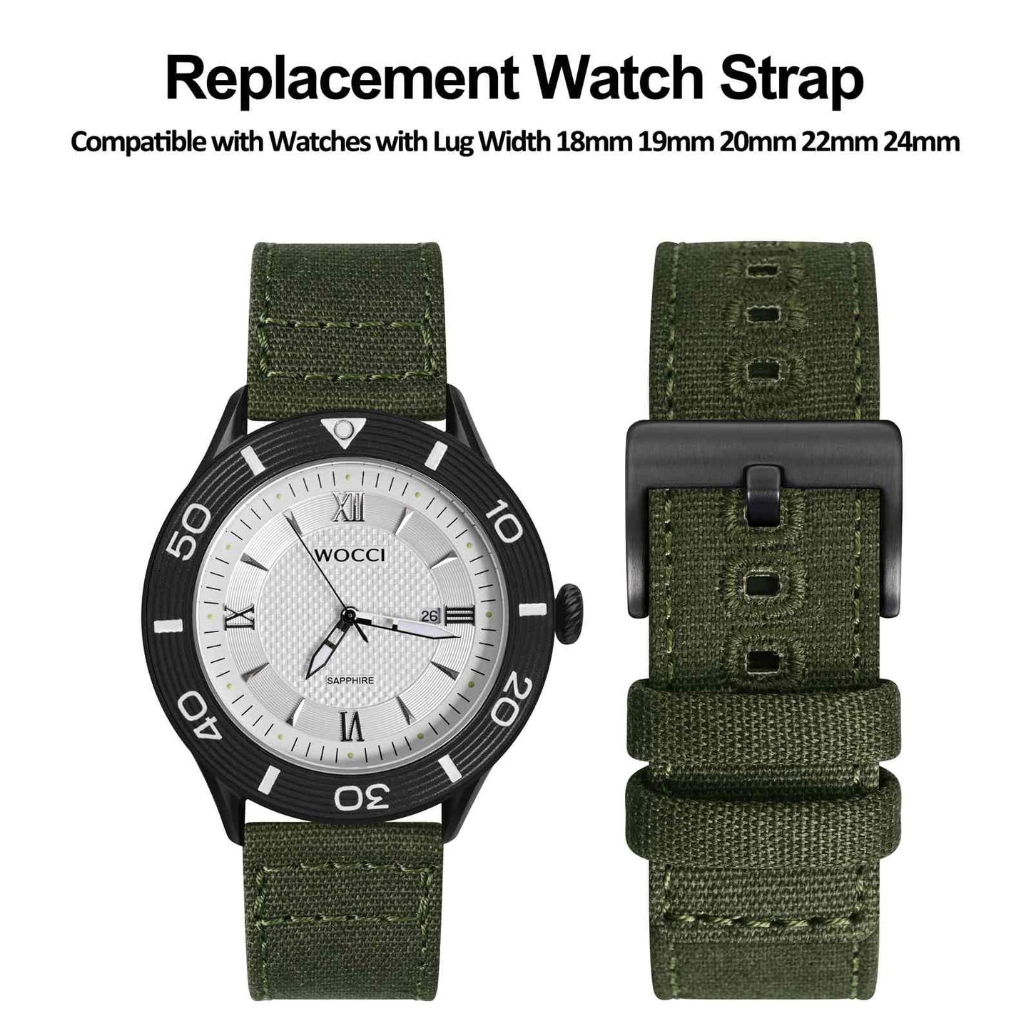 WOCCI 18mm Watch Band, Canvas Fabric, Quick Release, Replacement Strap, Black Buckle (Army Green)