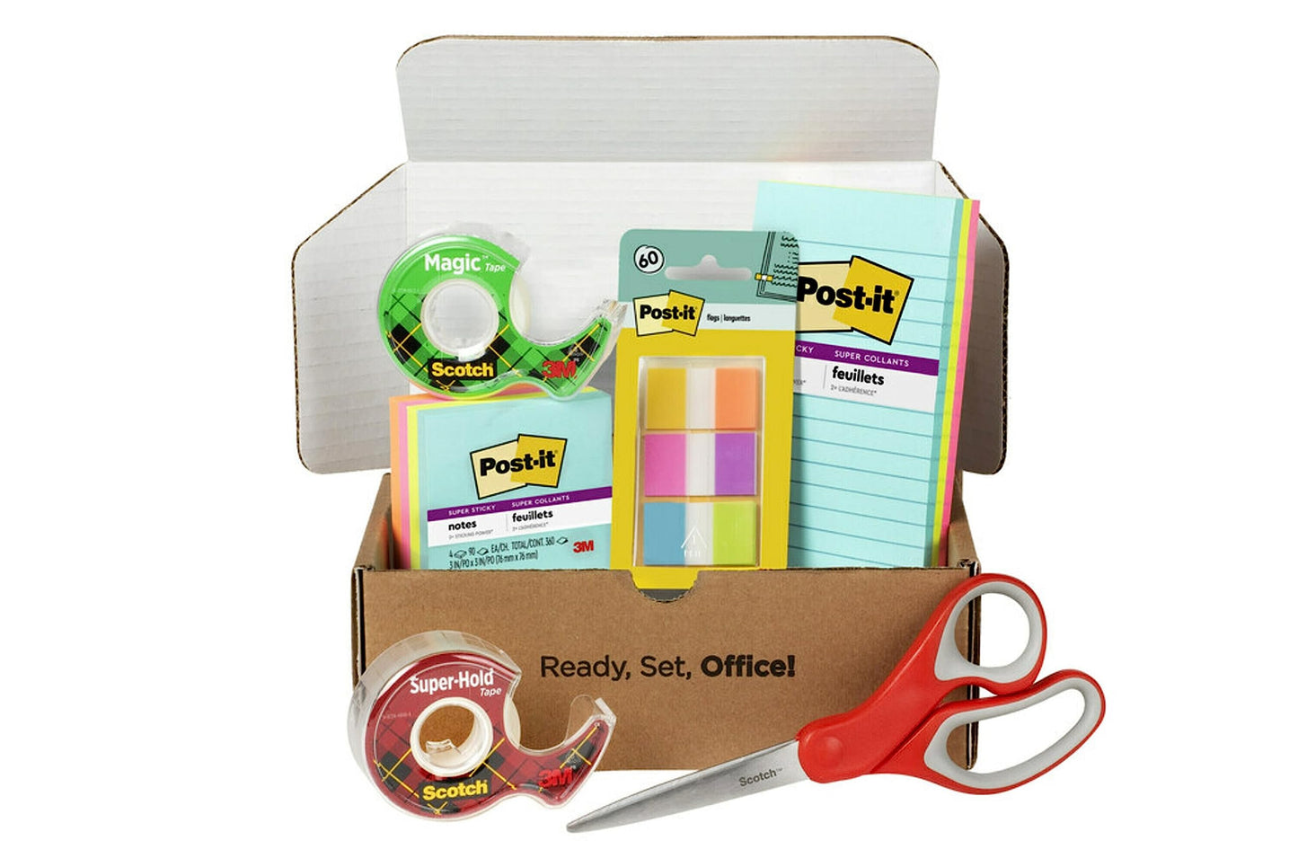 Scotch and Post-it Brand Office Essentials Kit, Business and Teacher Supplies Set with Post-it Super Sticky Notes, Scotch Super Hold Tape, Scotch Magic Tape, Post-it Flags, Sharp Scissors for Office