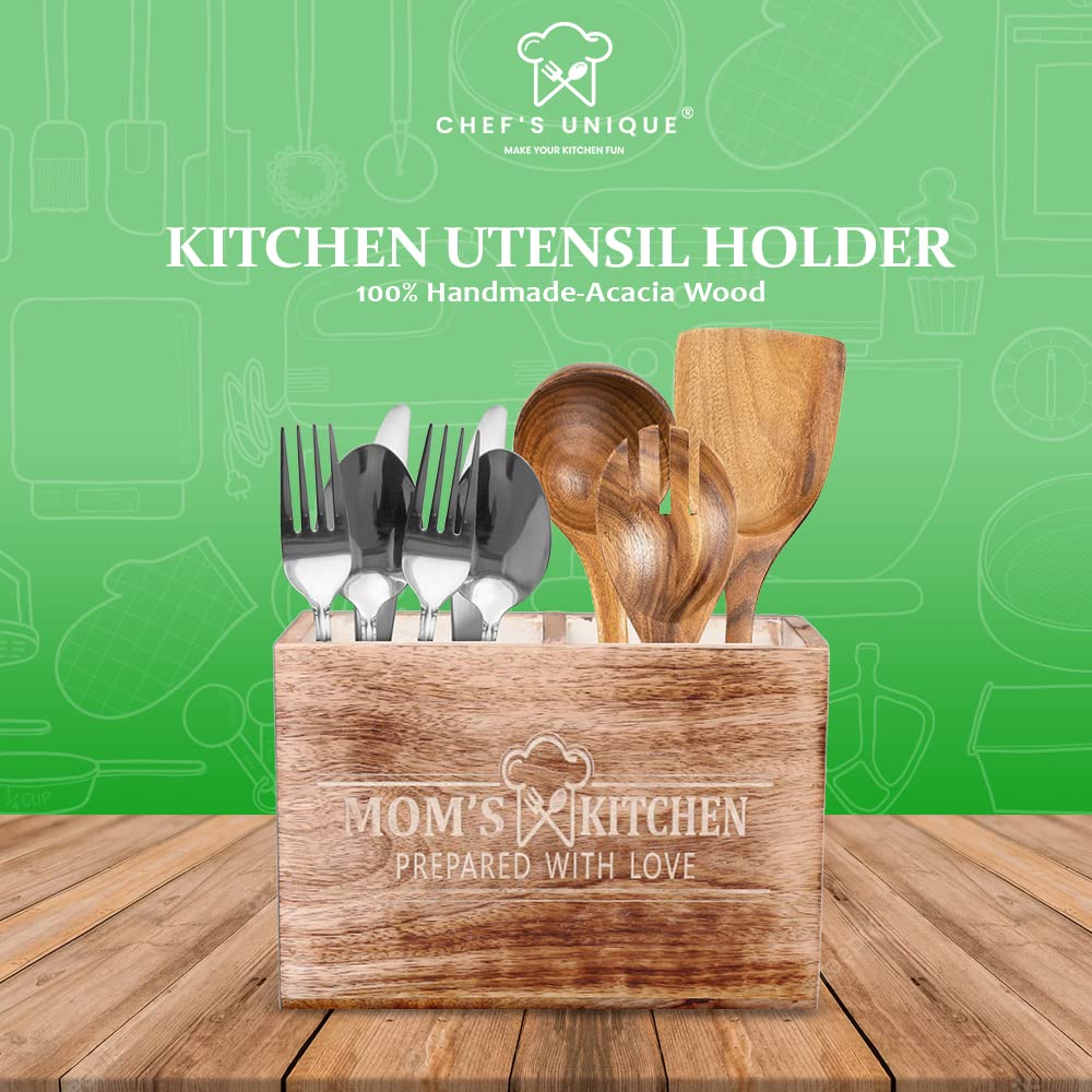 CHEF'S UNIQUE Wooden Utensil Holder For Countertop - Durable Cooking Utensils Holder - large Rustic Countertop Kitchen Décor - Spatula Utensils And Spoons Organizer With Divider