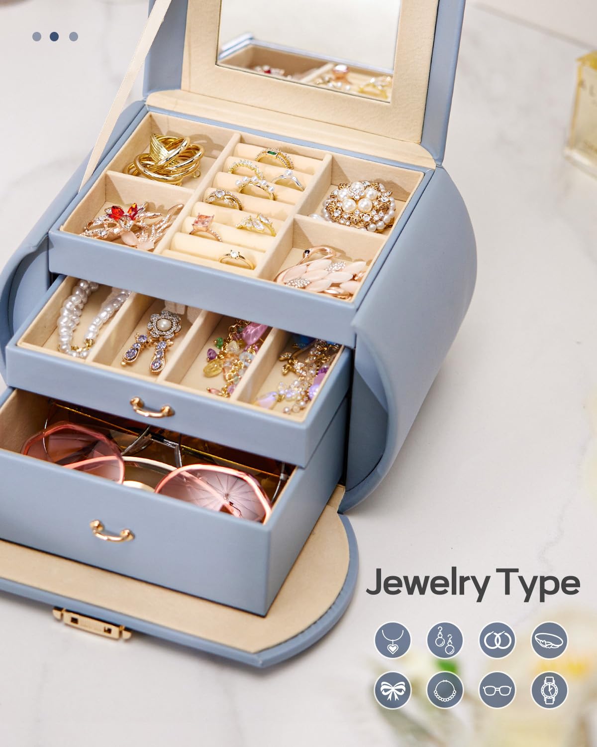 Homde Girls Jewelry Box Jewelry Storage Case Organizer Faux Leather with Mirror for Rings, Earrings, Bracelets, Necklaces (Grey Blue) - Gifts for Mother's Day