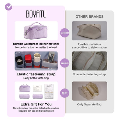 BOYATU Travel Makeup Bags for Women: 3 Pcs Set Wide Open Cosmetic Bag - Portable Make up Bags with Handle - Vegan Leather Toiletry Organizer Bag with Divider (G-01-Purple)