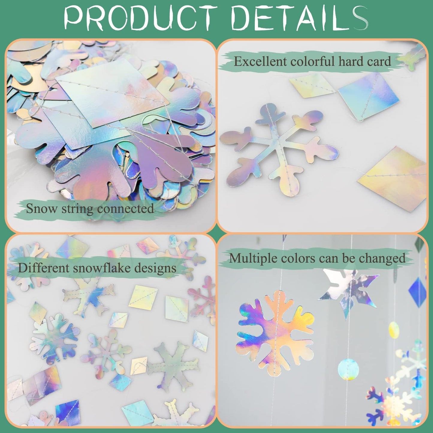 65Ft Winter Wonderland Snowflakes Decorations Iridescent Snowflake Garland- Shimmer Holographic Paper Snowflakes Streamers for Iridescent Party Decor Christmas Frozen Themed Birthday Baby Shower Decor