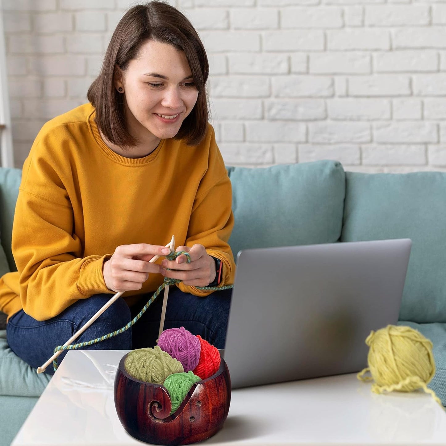 IUAQDP Wooden Yarn Bowl for Crocheting and Knitting, Crochet Wool Yarn Storage Basket Round with Holes Handmade Holder 6" x 3" for Christmas Mothers Day Birthday Hand Made Knitting String Lovers
