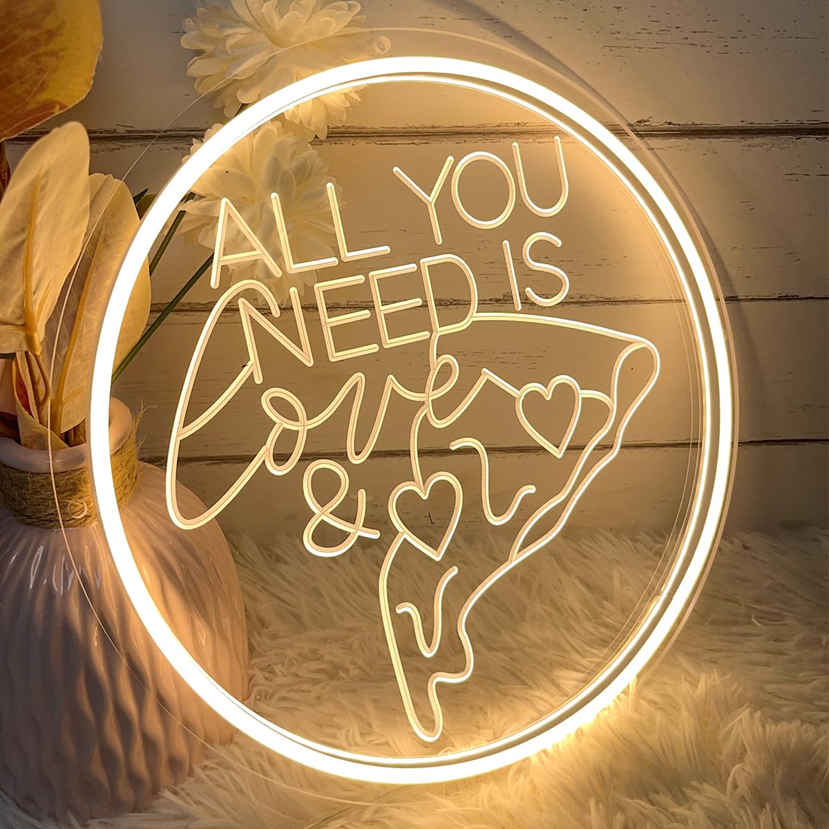 All You Need Is Love &Pizza Neon Sign For Wall Decor 3D Art Carving Design Indoor Bedroom Led Neon Signs Backdrop Flex Christmas Party Business Room Shop Window Birthday Gift(Warm White,USB,30×30CM)
