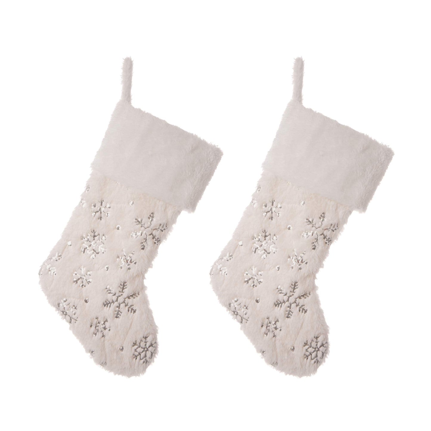 Glitzhome 2 Pack 21" White Plush Christmas Stockings,Velvet Fabric Xmas Hooked Stocking with Embroidery Snowflakes for Family Holiday Party Christmas Decorations