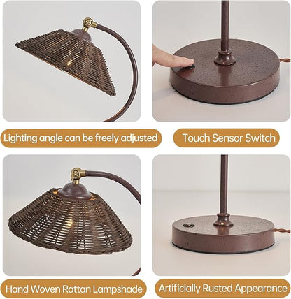 Woven Rattan Bedside Table Lamp for Bedroom, Boho Plug in Handmade Rattan Shade & Anti-Rust Iron Base Desk Lamp, Plug & Play Vintage Dark Brown Nightstand Lamp for Living Room, Office 【Bulb Included】