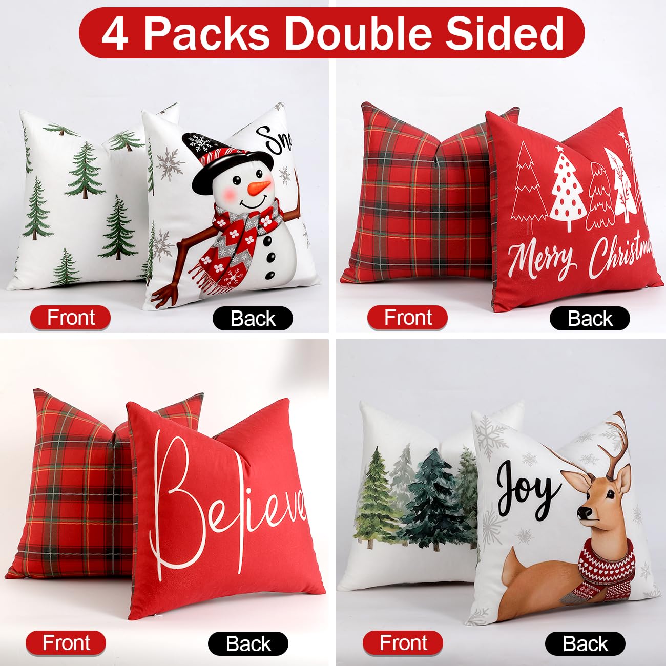 TOYPOPOR Christmas Decorations, Double Sided Plaid Throw Pillow Covers 18x18 Inches Set of 4, Christmas Tree, Snowflakes, Merry Christmas, Snowman Reindeer Winter Holiday Pillowcase for Sofa Couch