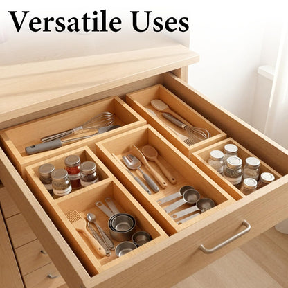 Bamboo Drawer Organizer 5 Pcs for Kitchen Multi-purpose Storage Dividers for Kitchen, Office, Jewelry, Cosmetics, Wooden Drawer Dividers for Drawer Organizer Desk Organizer Gift for Women Gifts Idea